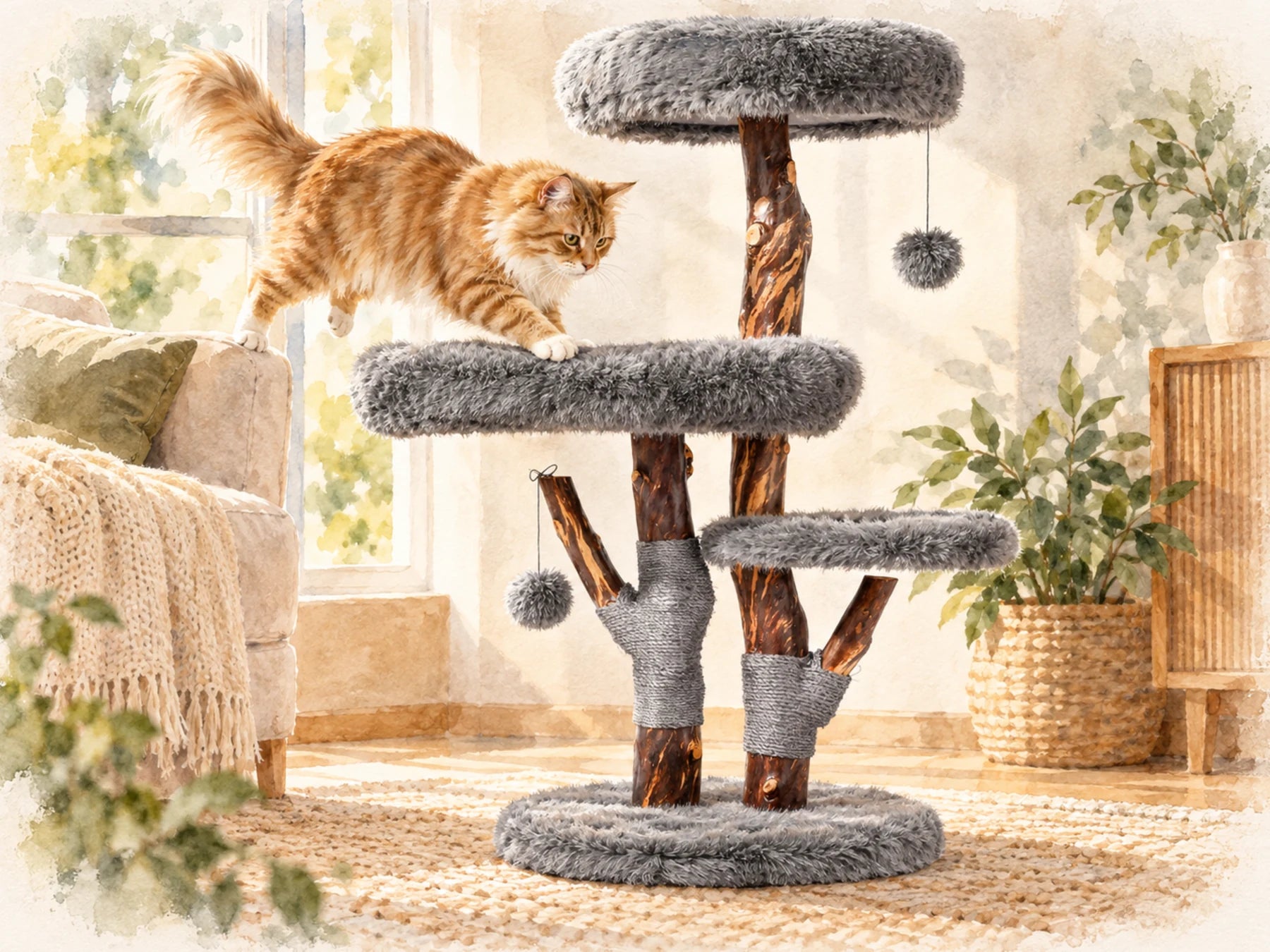 Watercolor cat tree stability and material detail illustration