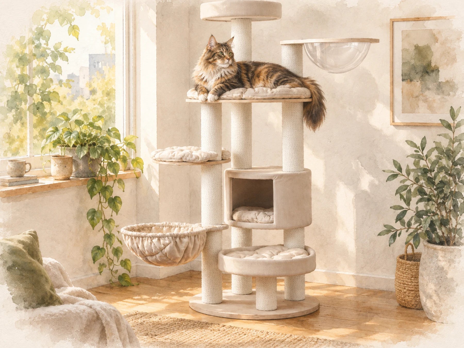 Watercolor cat tree fitted beside a window in a compact home