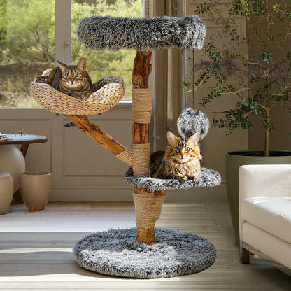 Gray natural wood cat tree in a home setting