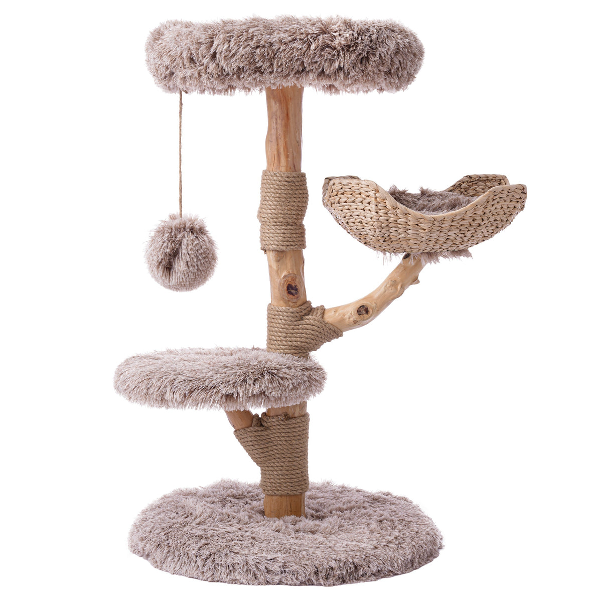 Natural Wood Cat Tree with Woven Basket - Beige — image 1