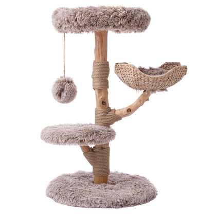 Natural Wood Cat Tree with Woven Basket - Beige — image 1