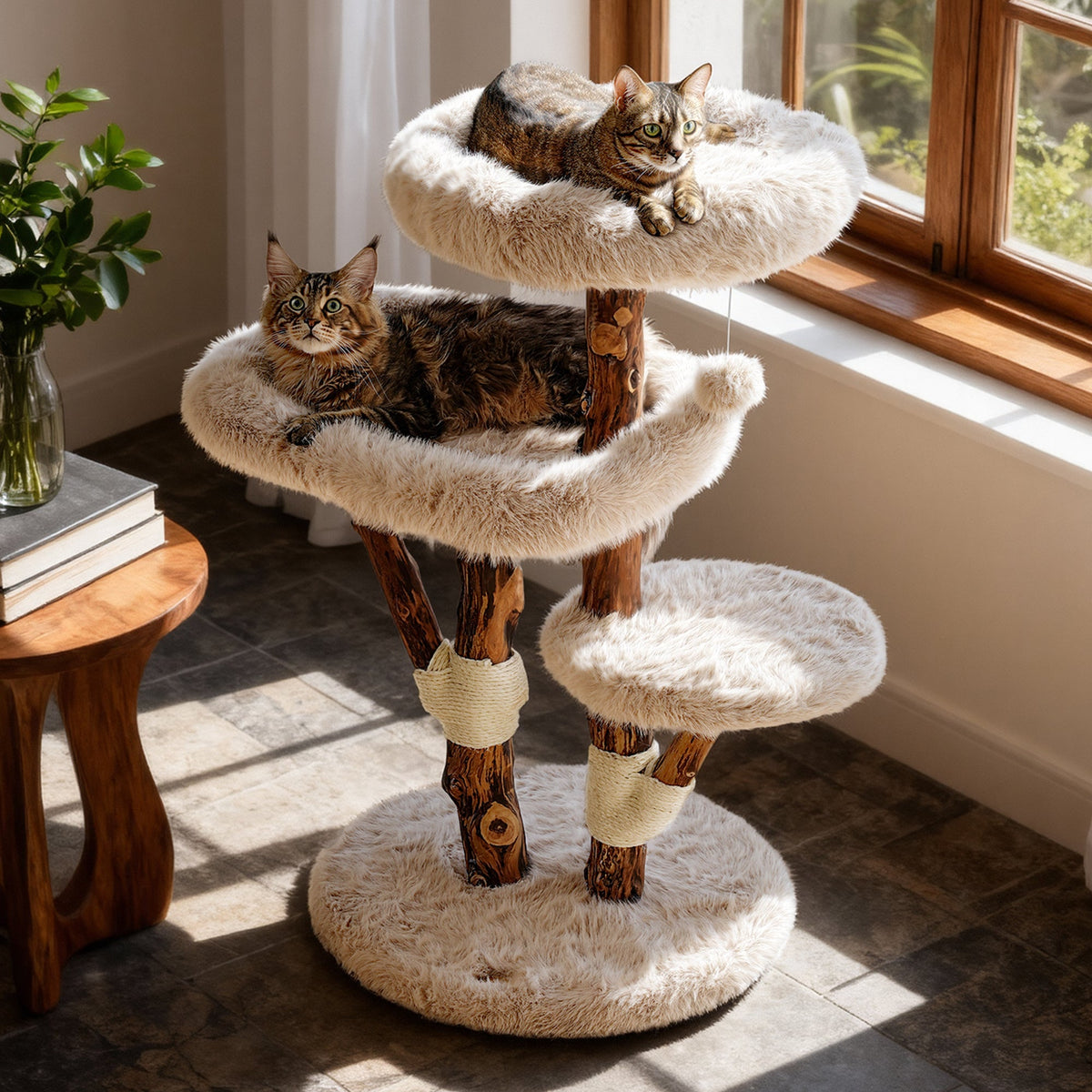 Natural Wood Cat Tree with Oversized Perches - Beige — image 1