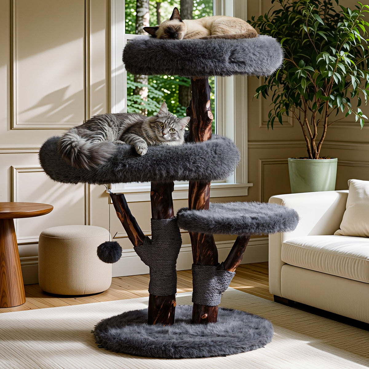 Natural Wood Cat Tree with Oversized Perches - Gray 閳?image 1