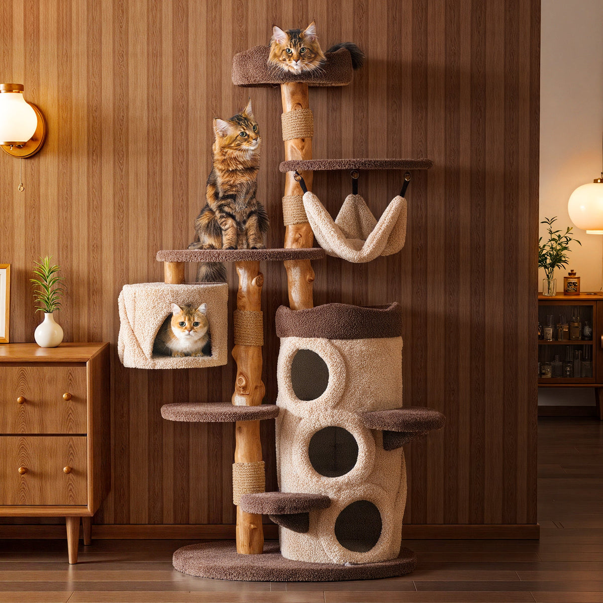 Natural Wood Cat Tree with Hammock, Condo and Cat Bed — image 1