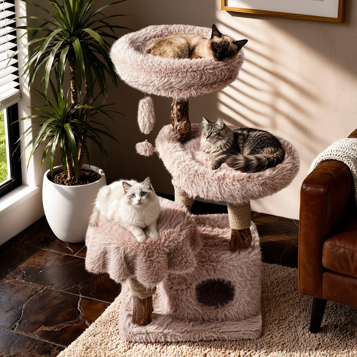 Natural Wood Cat Tree for Large Cats with Condo - Beige — image 1