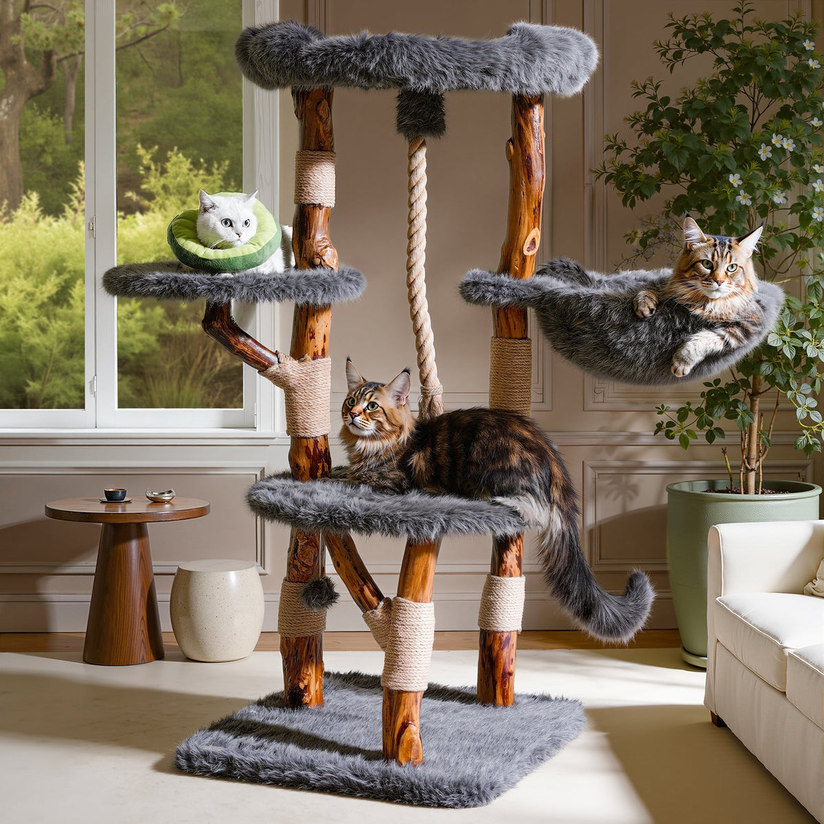 Natural Wood Multi-Level Cat Tree with Hammock - Gray 閳?image 1