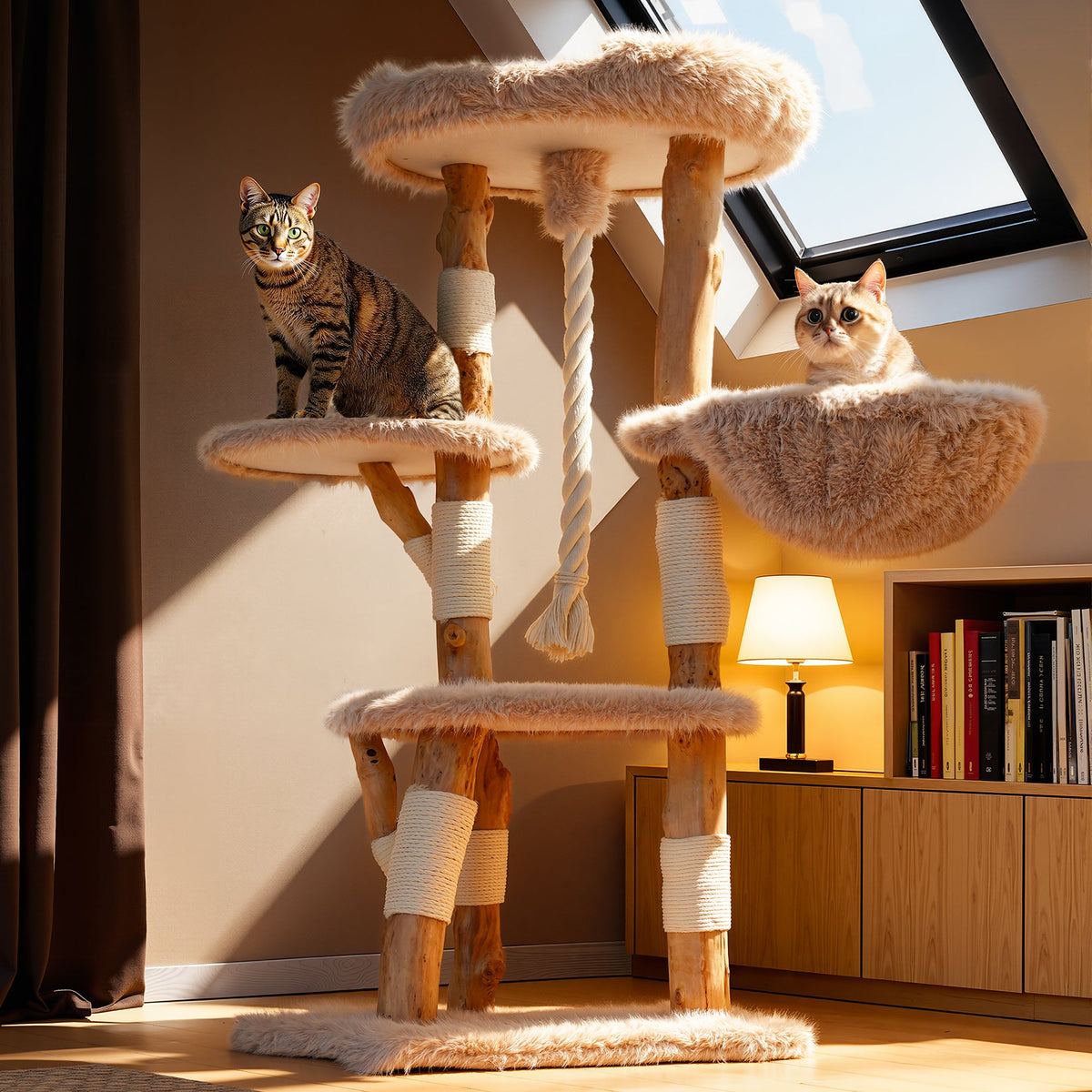 Natural Wood Multi-Level Cat Tree with Hammock - Beige — image 1