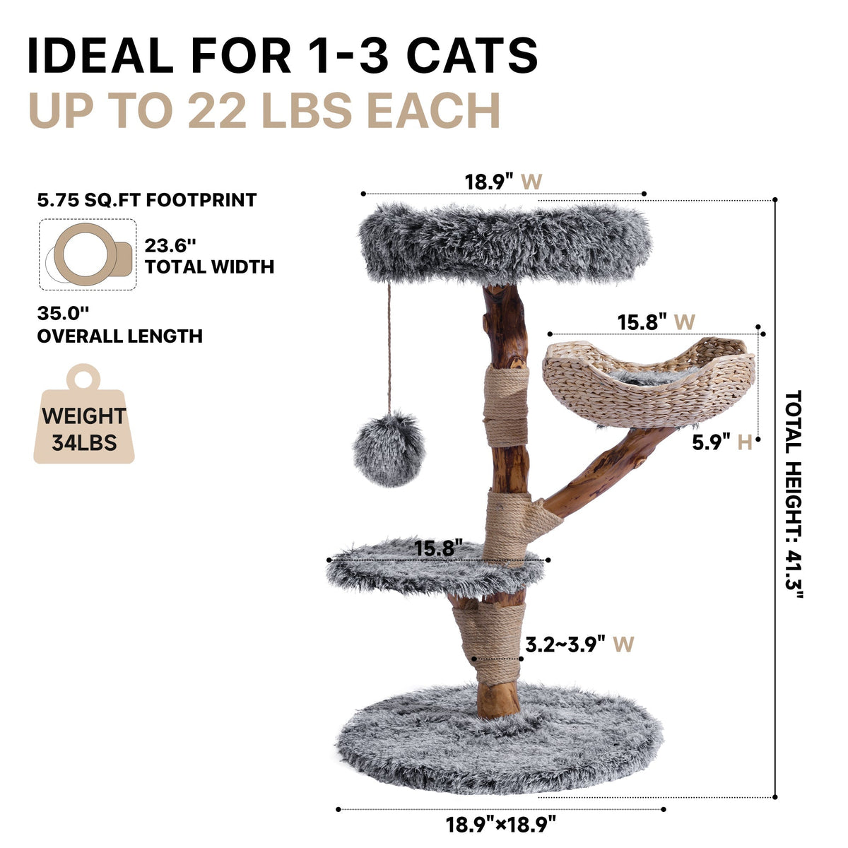 Dimensions of the gray natural wood cat tree