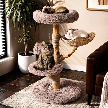 Natural Wood Cat Tree with Woven Basket - Beige — image 2