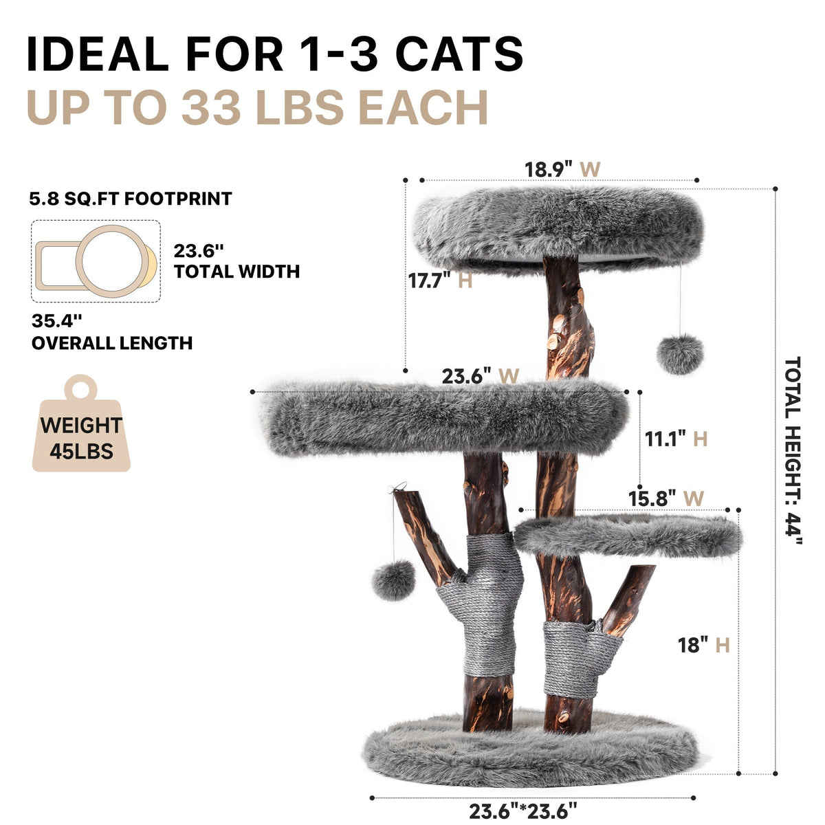 Natural Wood Cat Tree with Oversized Perches - Gray 閳?image 2