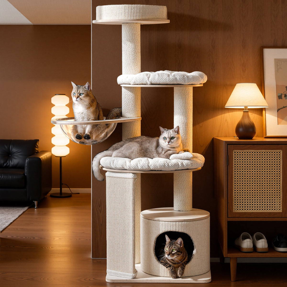 Modern Cat Tree with Clear Bowl and Condo - White — image 2