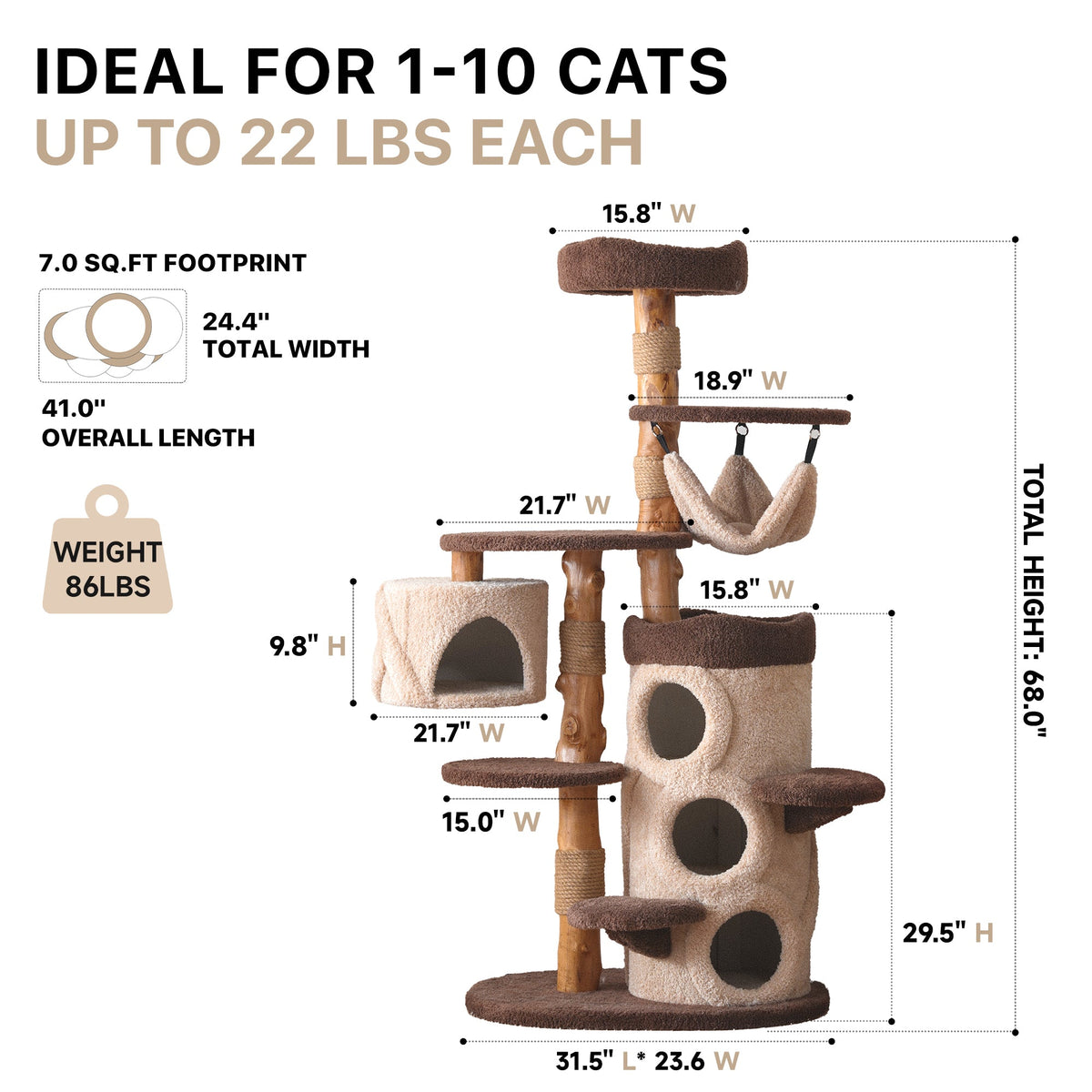 Natural Wood Cat Tree with Hammock, Condo and Cat Bed — image 2
