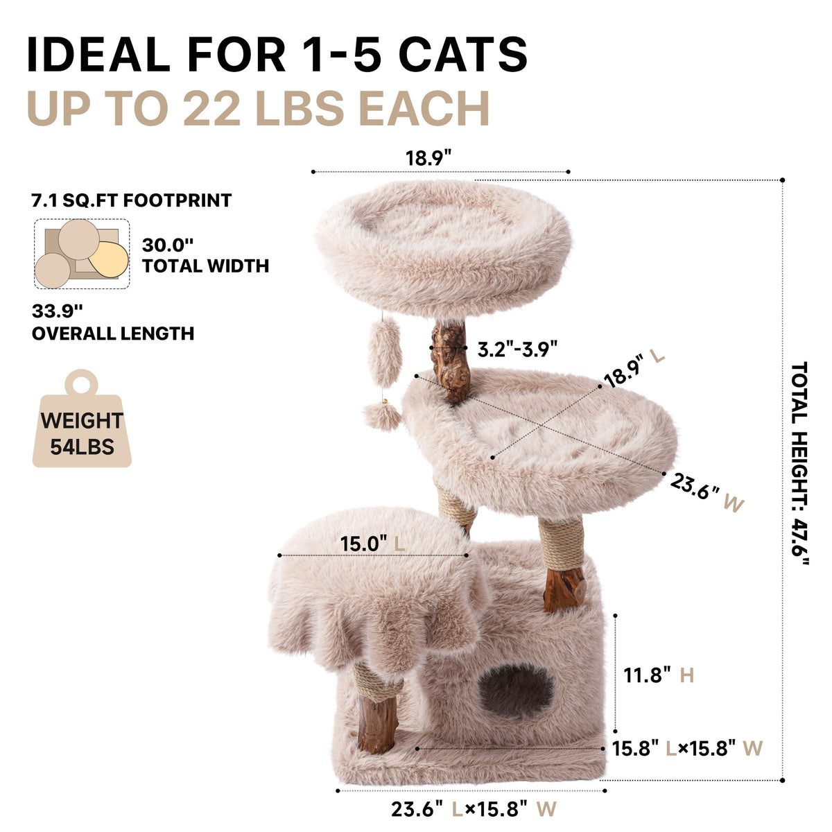 Natural Wood Cat Tree for Large Cats with Condo - Beige — image 2