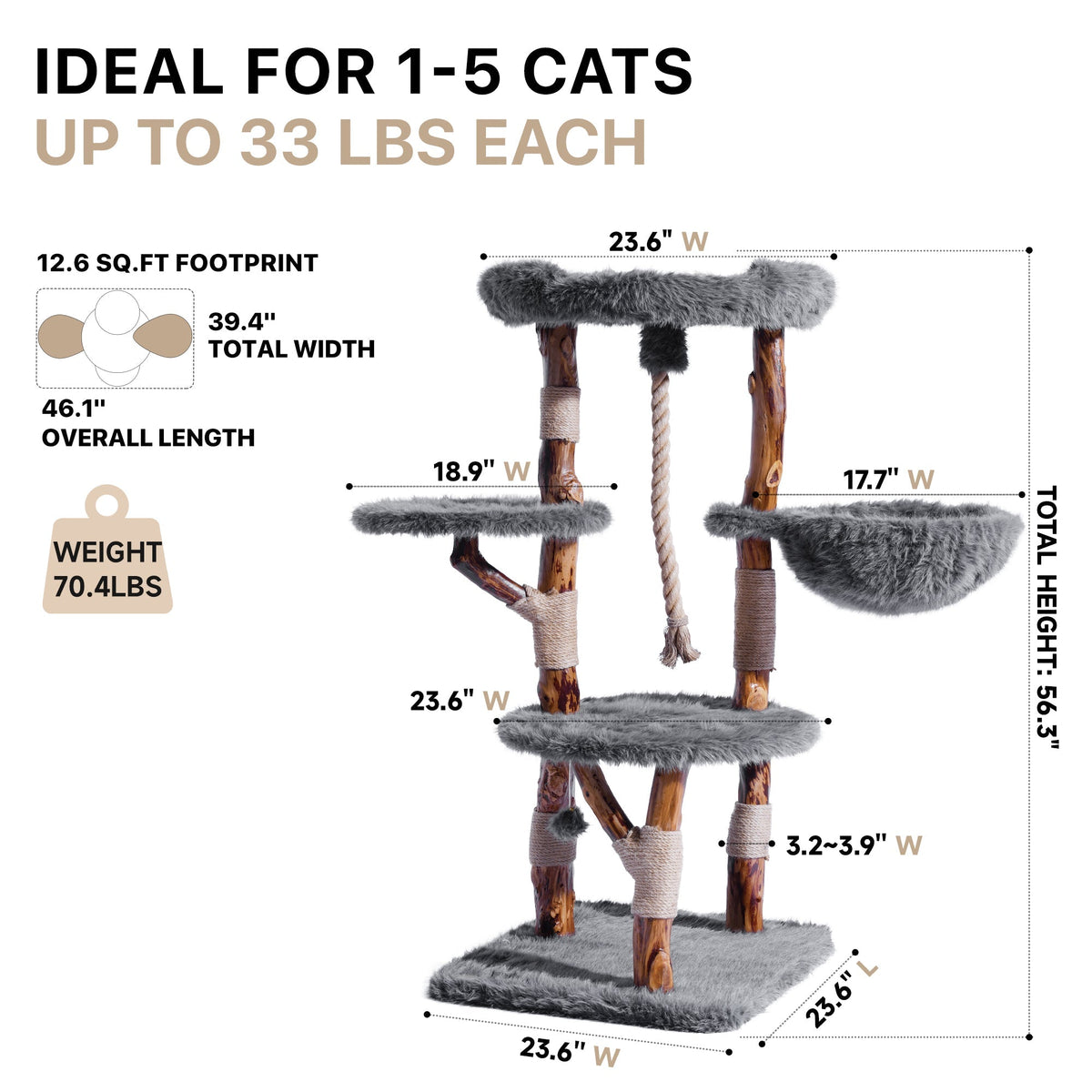 Natural Wood Multi-Level Cat Tree with Hammock - Gray 閳?image 2