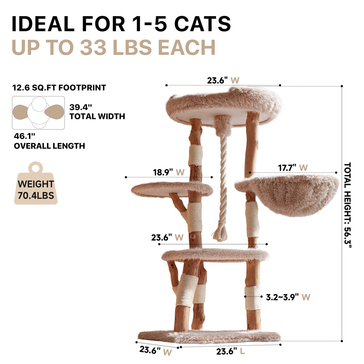 Natural Wood Multi-Level Cat Tree with Hammock - Beige — image 2