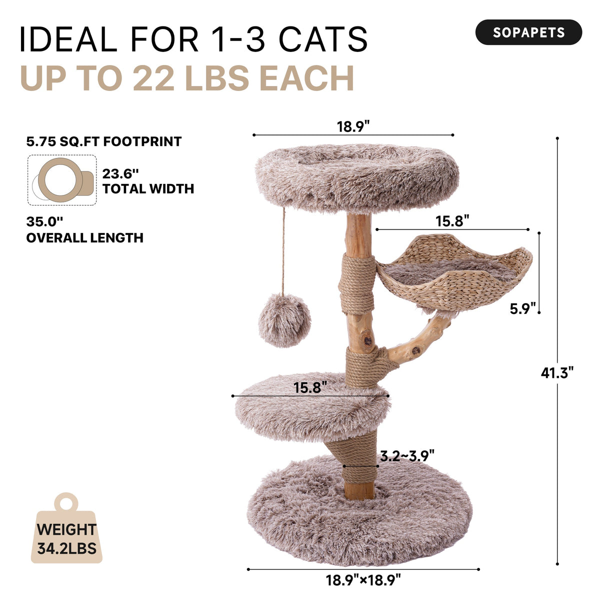 Natural Wood Cat Tree with Woven Basket - Beige — image 3