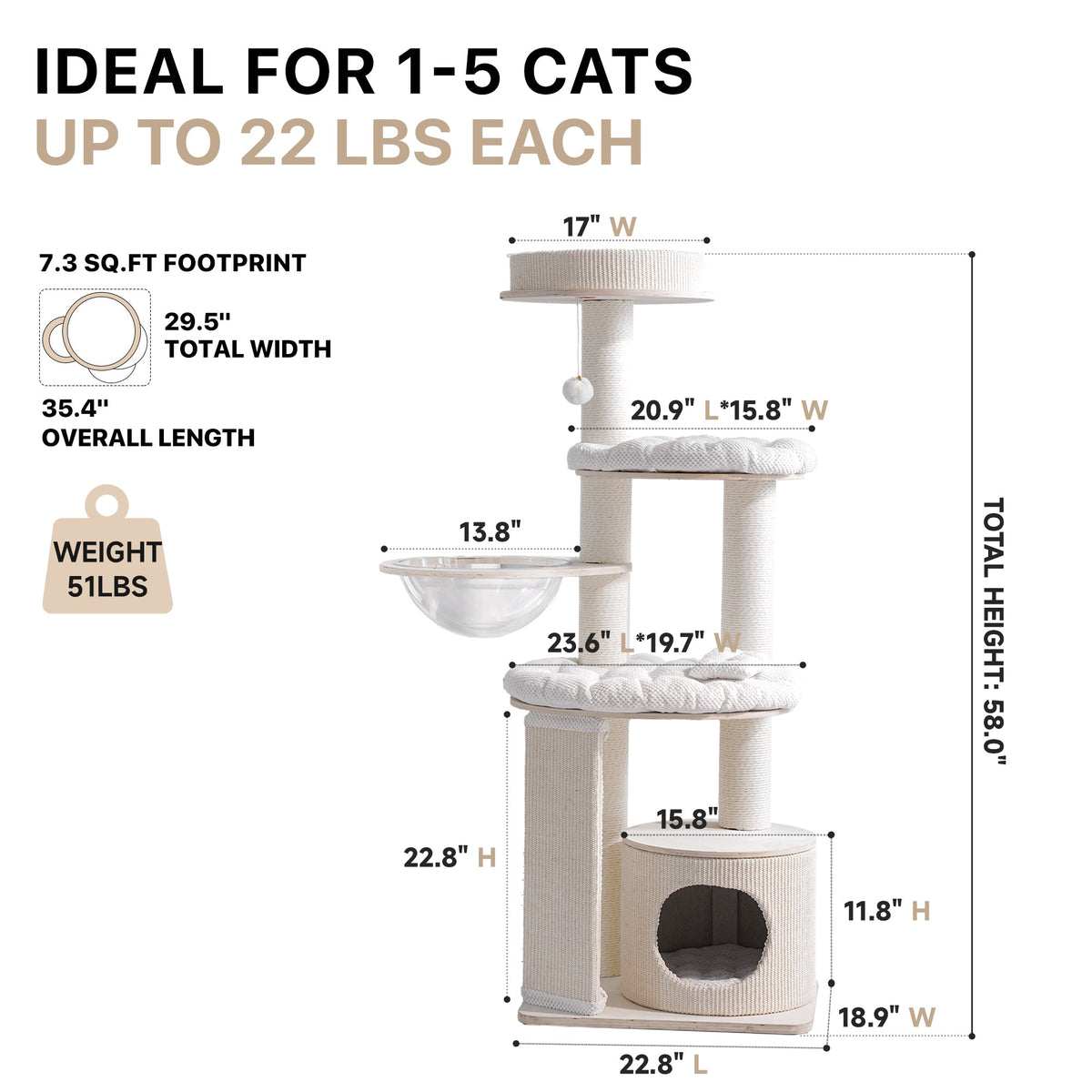 Modern Cat Tree with Clear Bowl and Condo - White — image 3