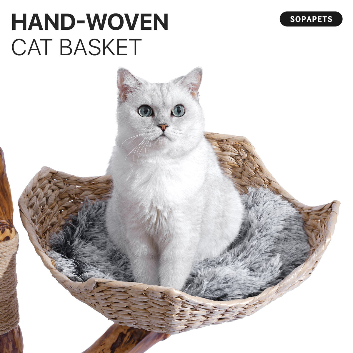 Hand-woven basket on the gray natural wood cat tree