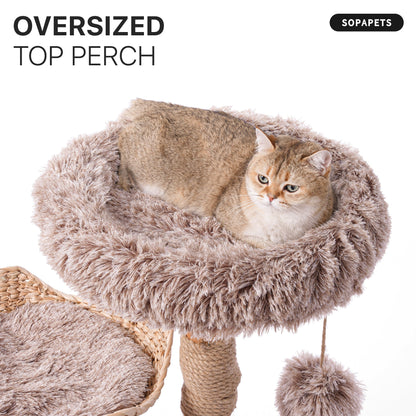 Natural Wood Cat Tree with Woven Basket - Beige — image 5