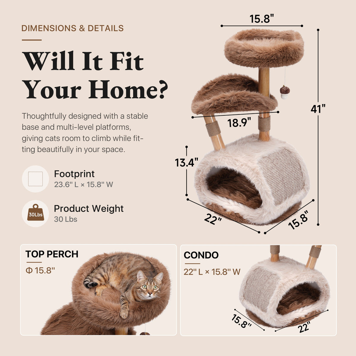 Natural Wood Cat Tree for Large Cats with Condo — image 5