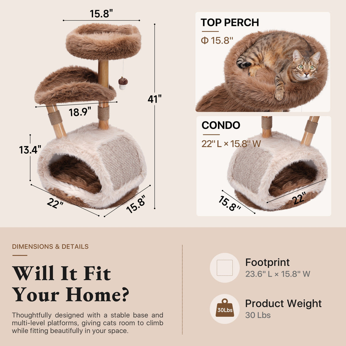 Natural Wood Cat Tree for Large Cats with Condo — image 6