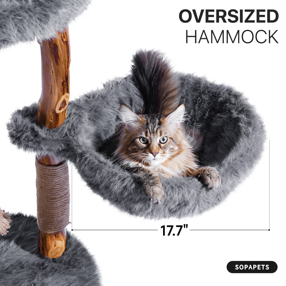 Natural Wood Multi-Level Cat Tree with Hammock - Gray 閳?image 6