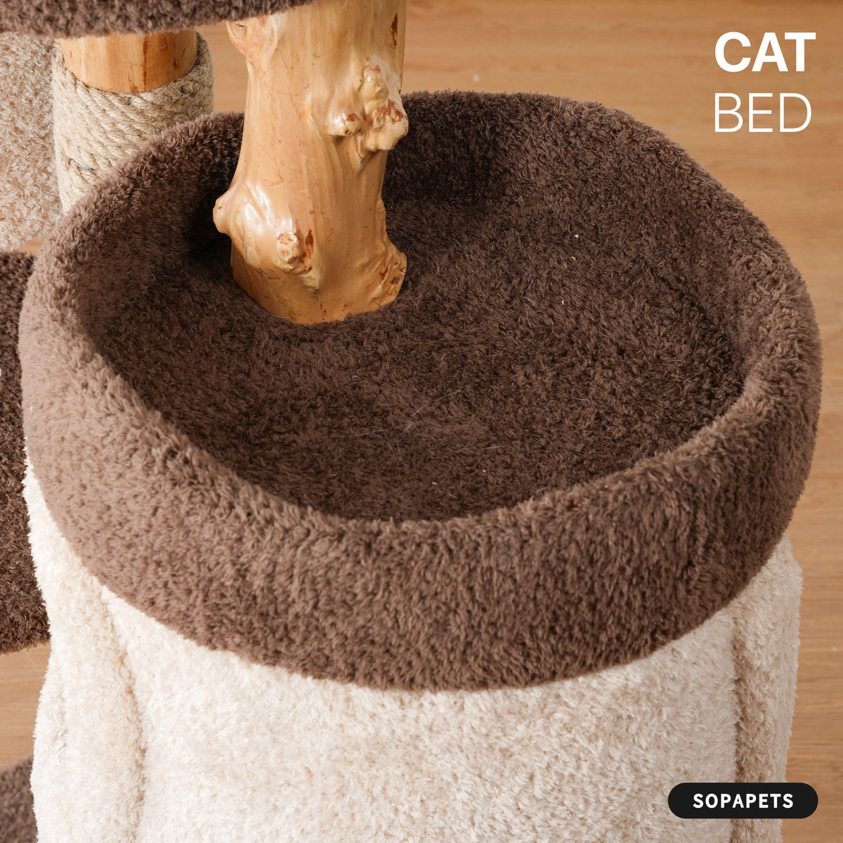 Natural Wood Cat Tree with Hammock, Condo and Cat Bed — image 11
