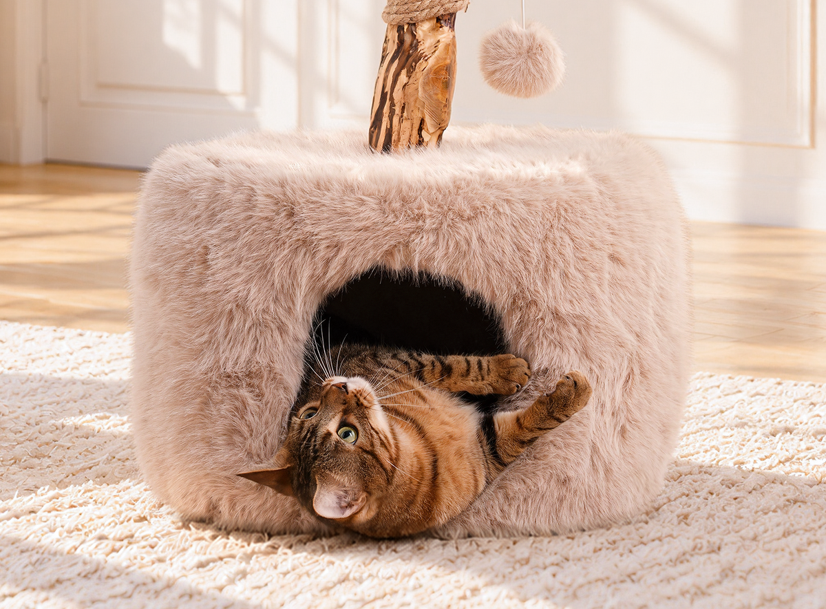 Cat using a roomy resting space in a cat tree
