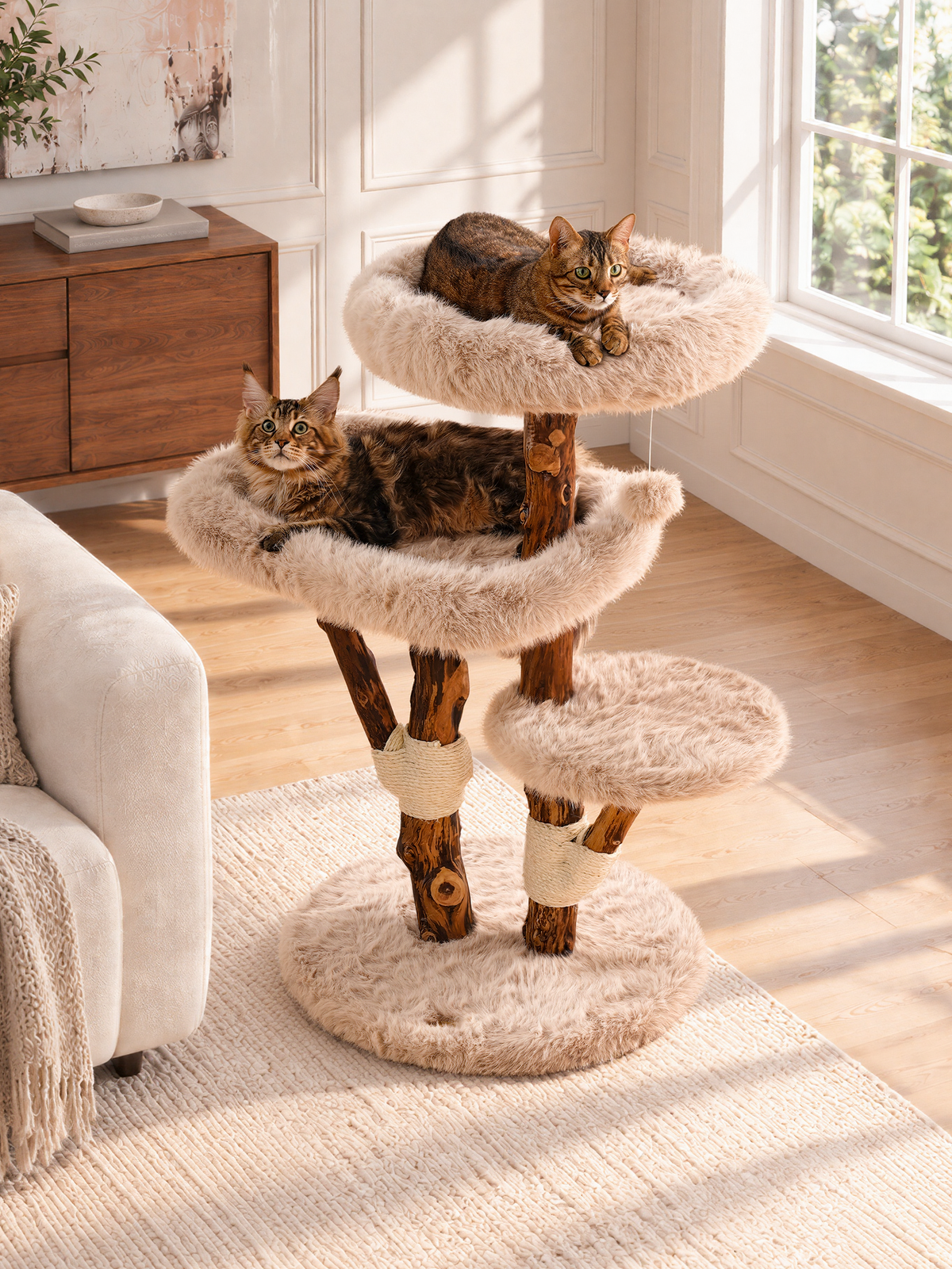 Natural Wood Cat Tree with Oversized Perches