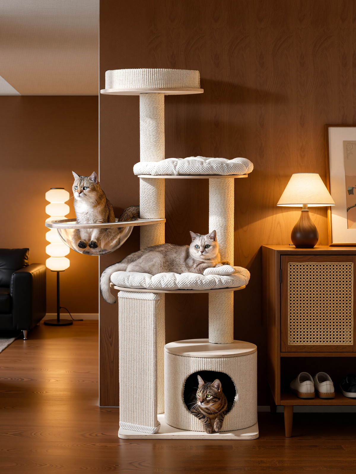 Modern Cat Tree with Clear Bowl and Condo - White