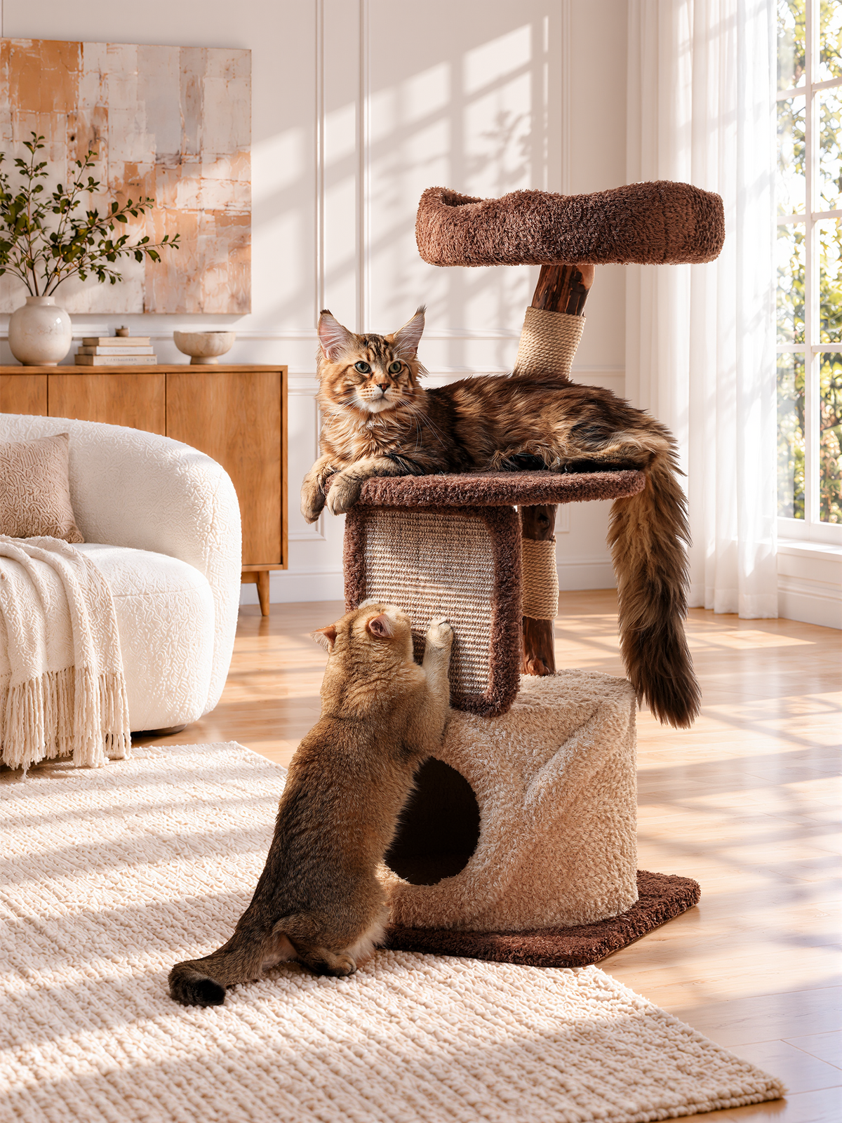 Natural Wood Cat Tree with Condo - Brown and Cream