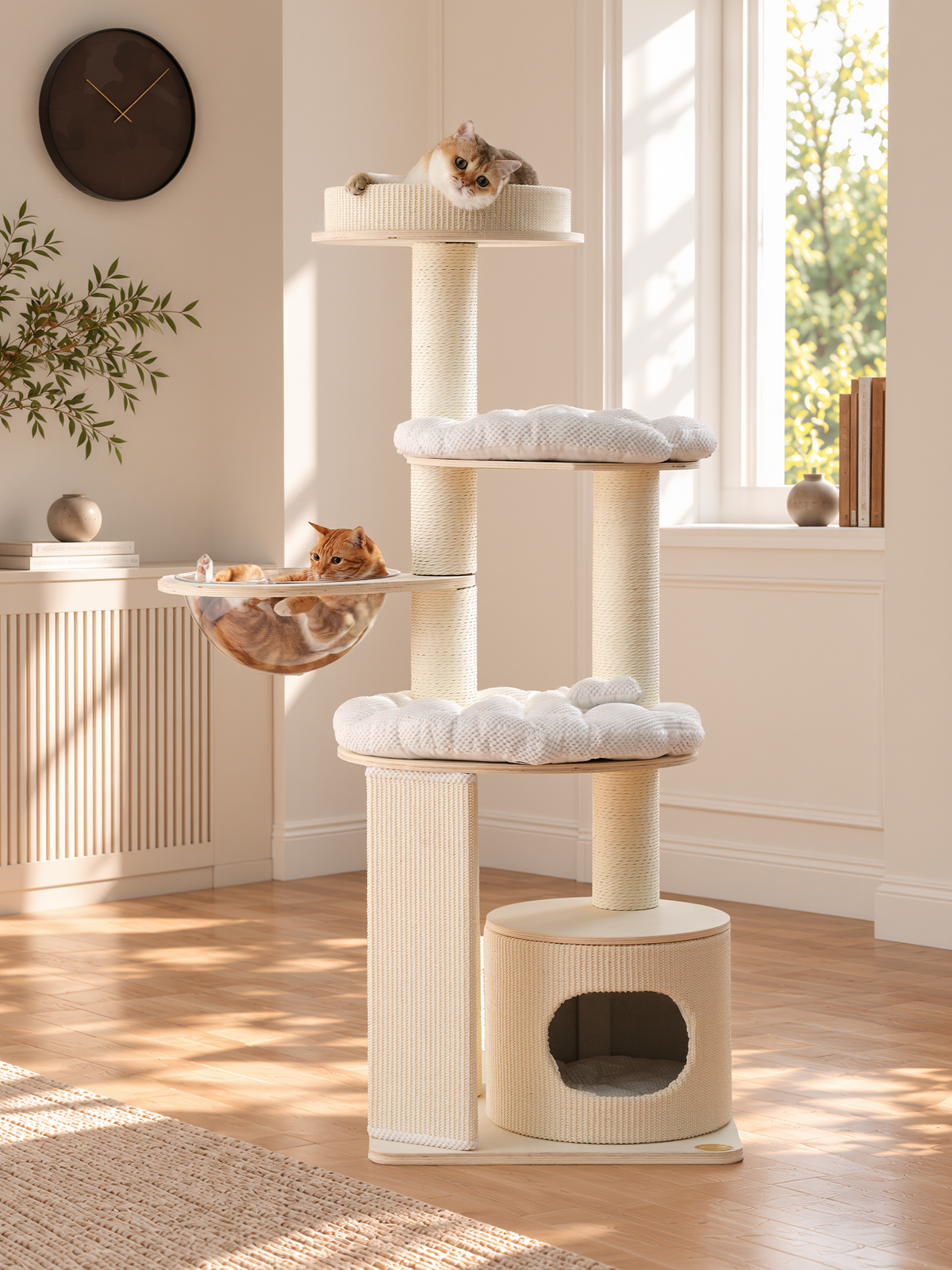 Modern Cat Tree with Clear Bowl and Condo - White