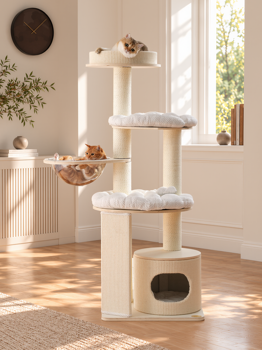 Modern Cat Tree with Clear Bowl and Condo - White