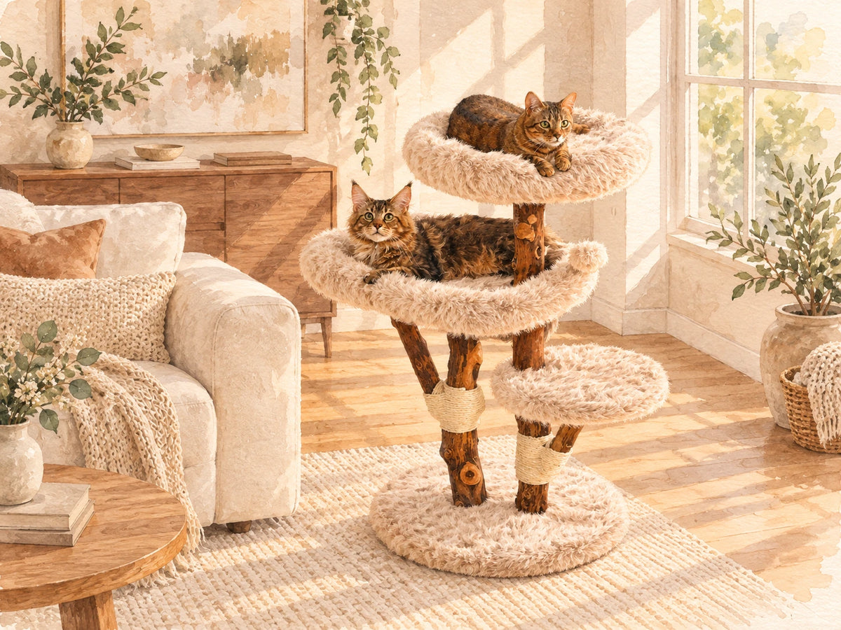 Cat tree design sketches, tape measure, and a finished cat tree