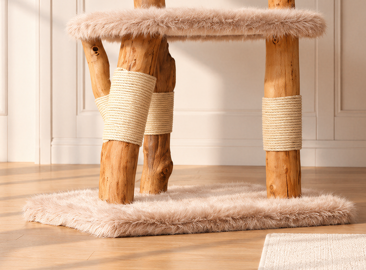 Broad cat tree base and supportive construction detail