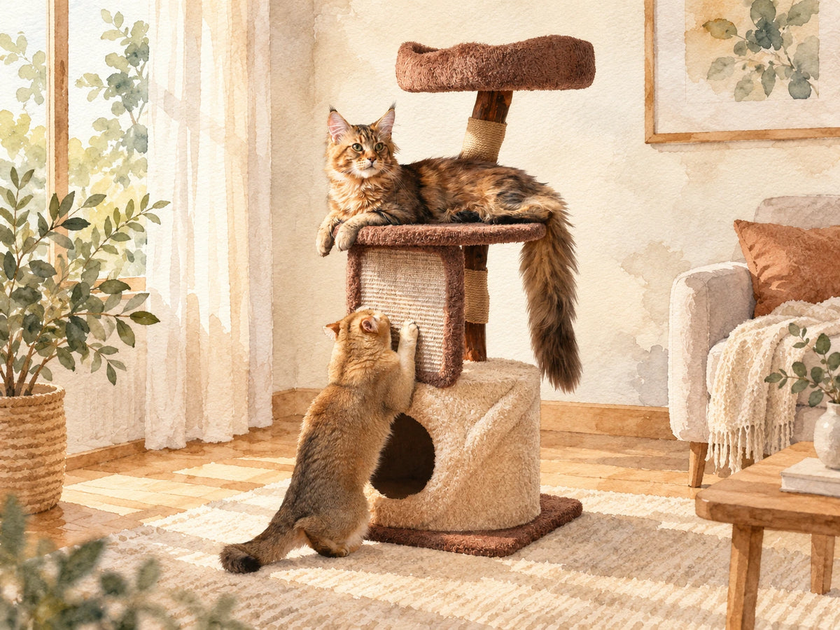 Cat beside a tall cat tree with subtle height measurement markers