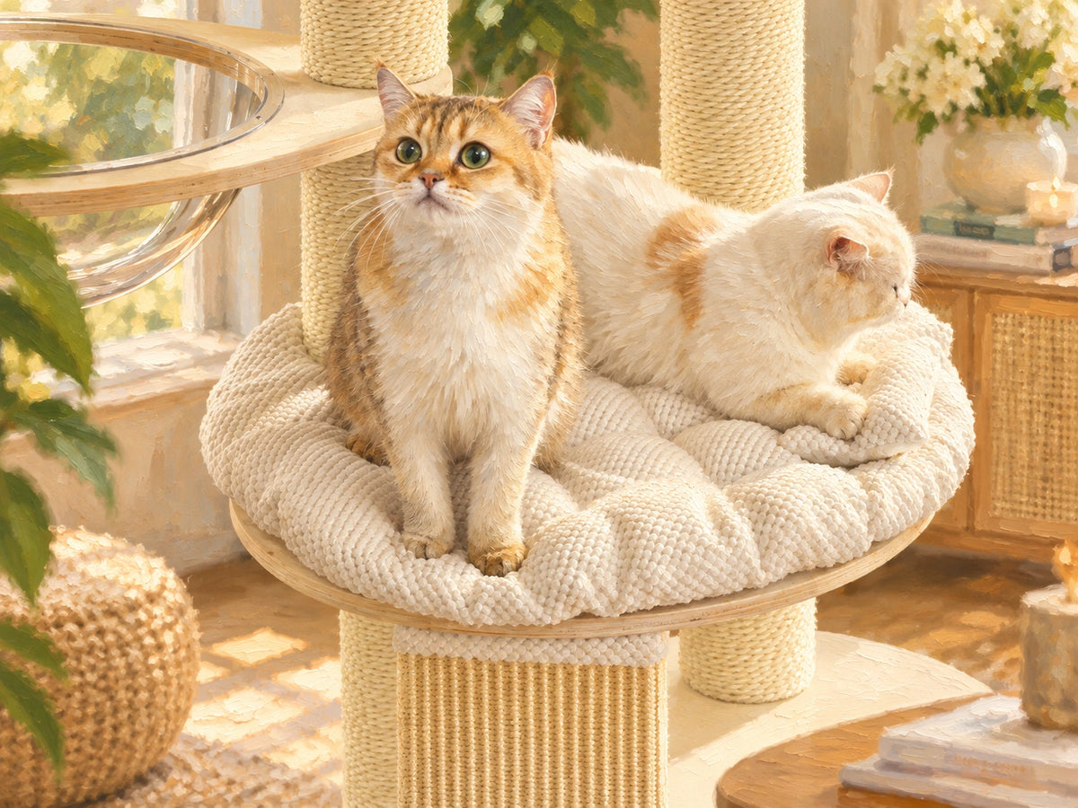 Stable cat tree with a broad base and thick scratching posts