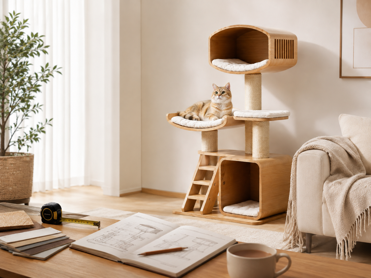 Cat tree buying guide scene with tape measure, sketches, and a cat tree