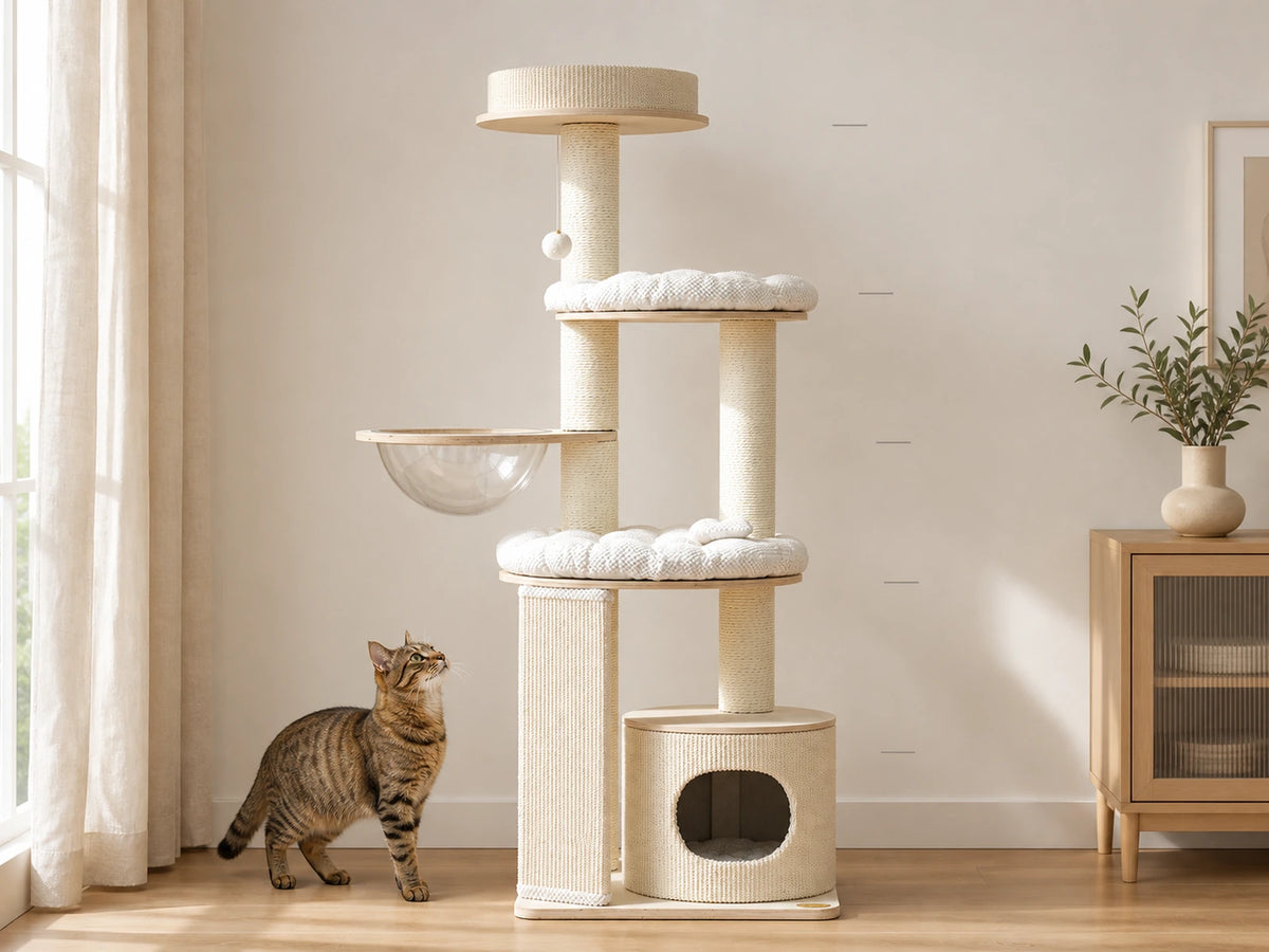 Cat beside a tall cat tree with subtle height measurement markers