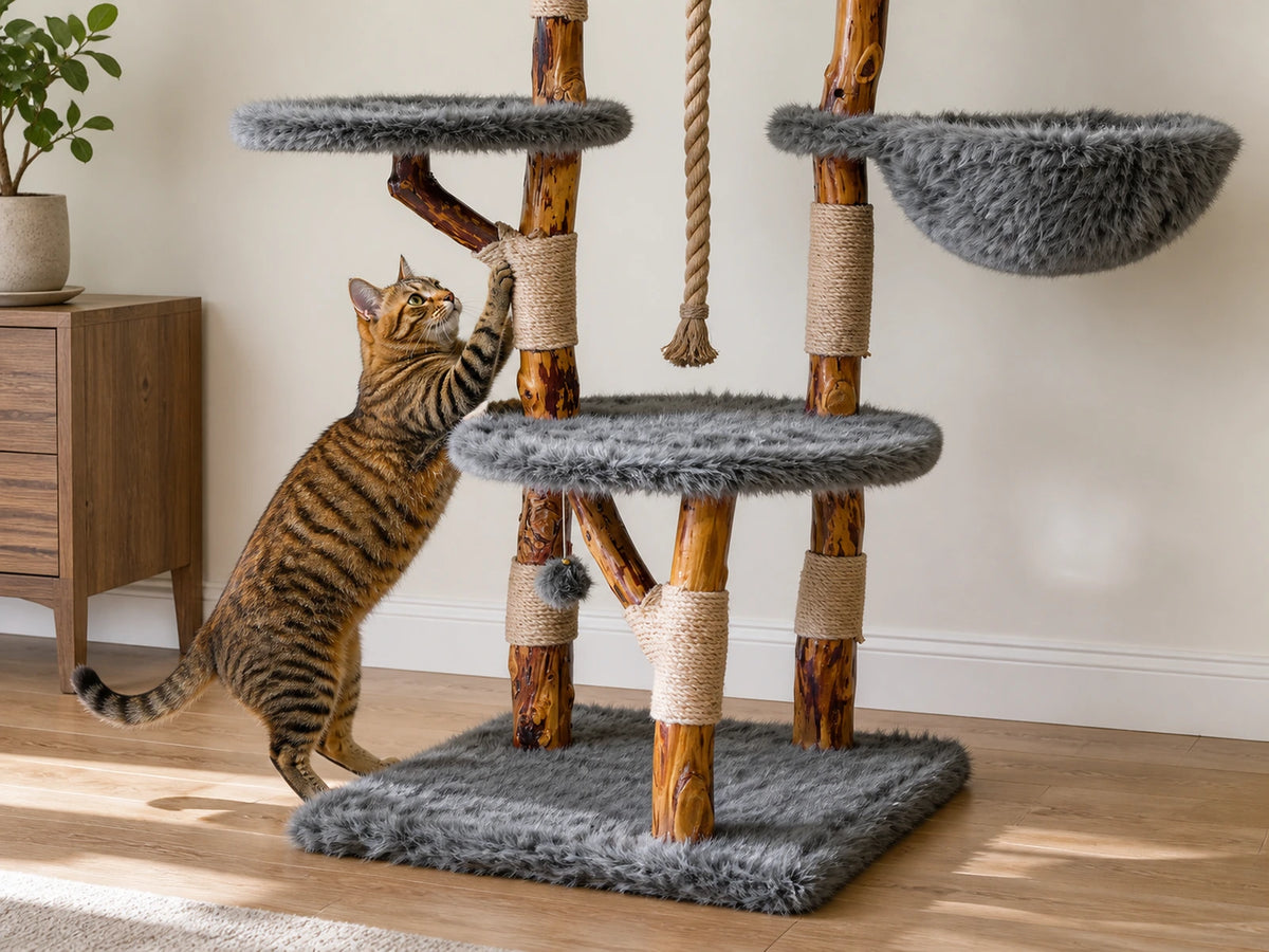 Stable cat tree with a broad base and thick scratching posts