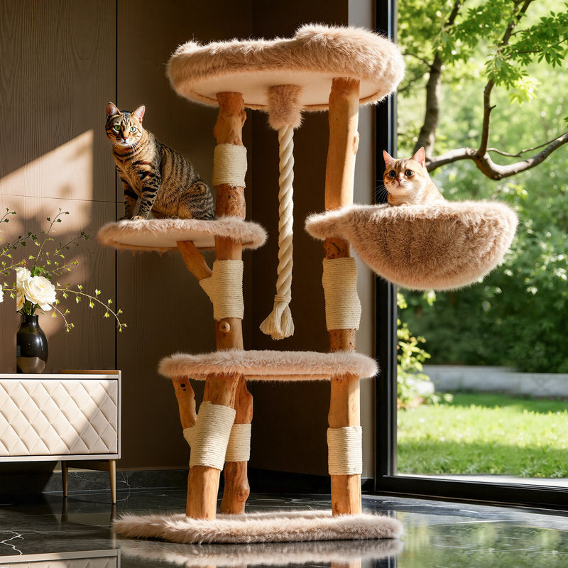 Heavy-duty natural wood cat tree detail highlighting an oversized resting platform and solid support post