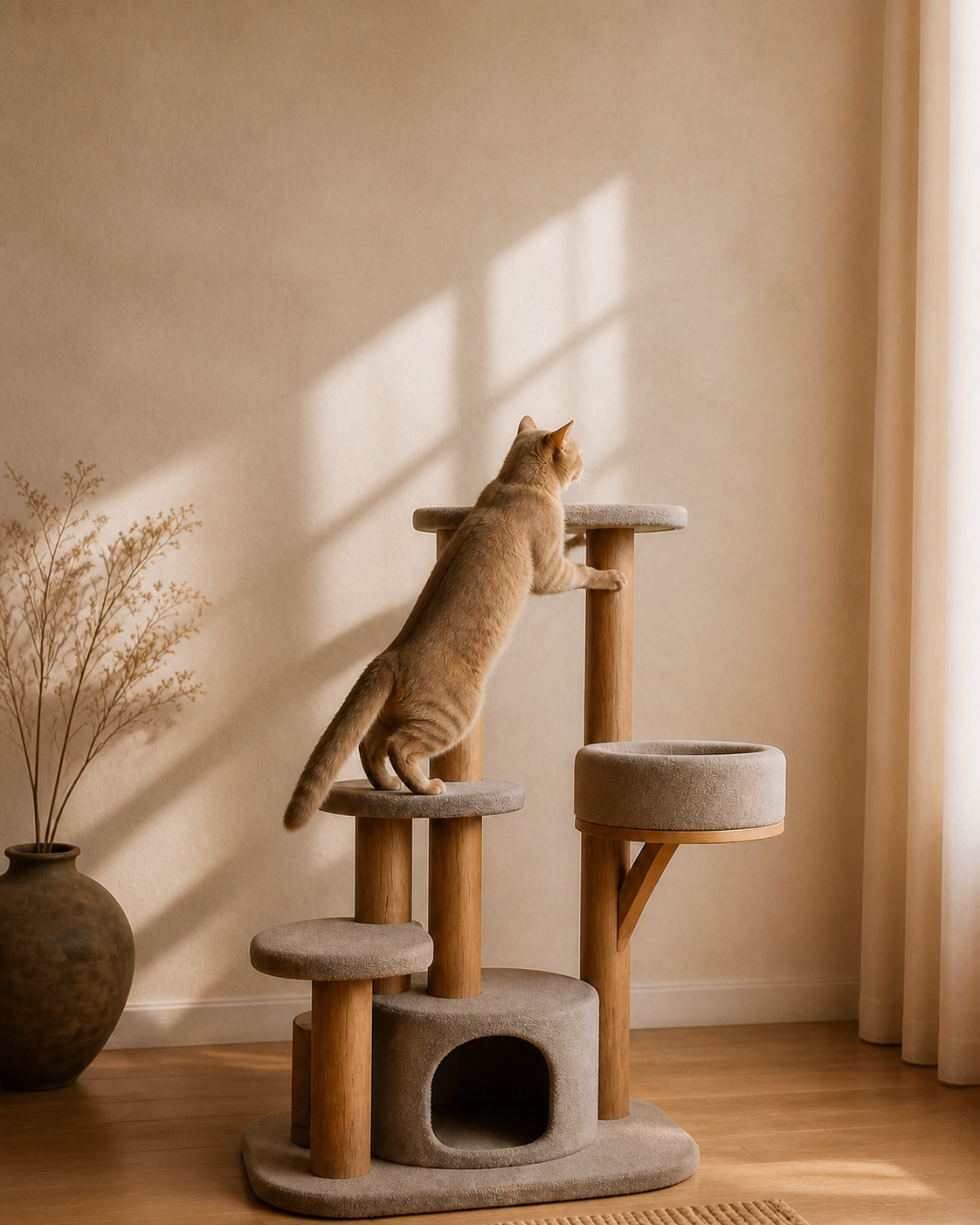 A cat climbing a premium modern cat tree