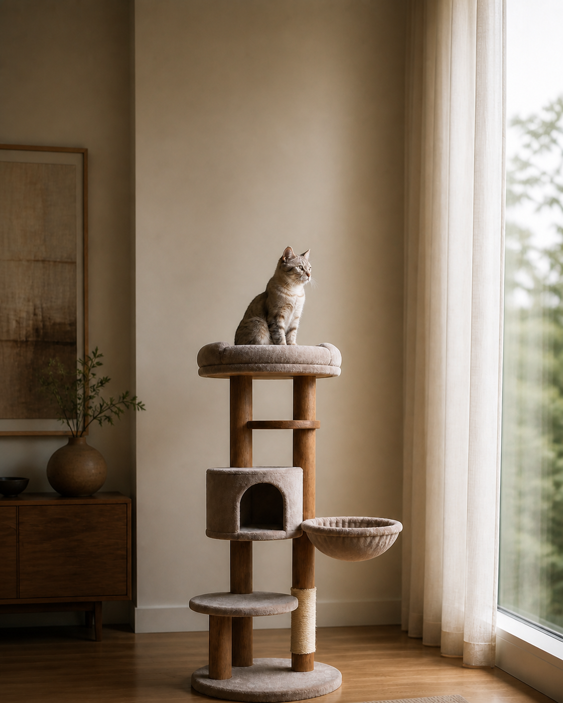 A cat observing from a premium modern cat tree
