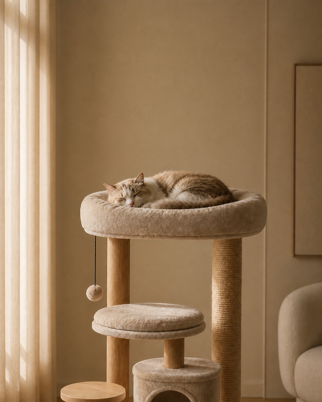 A cat resting on a premium modern cat tree