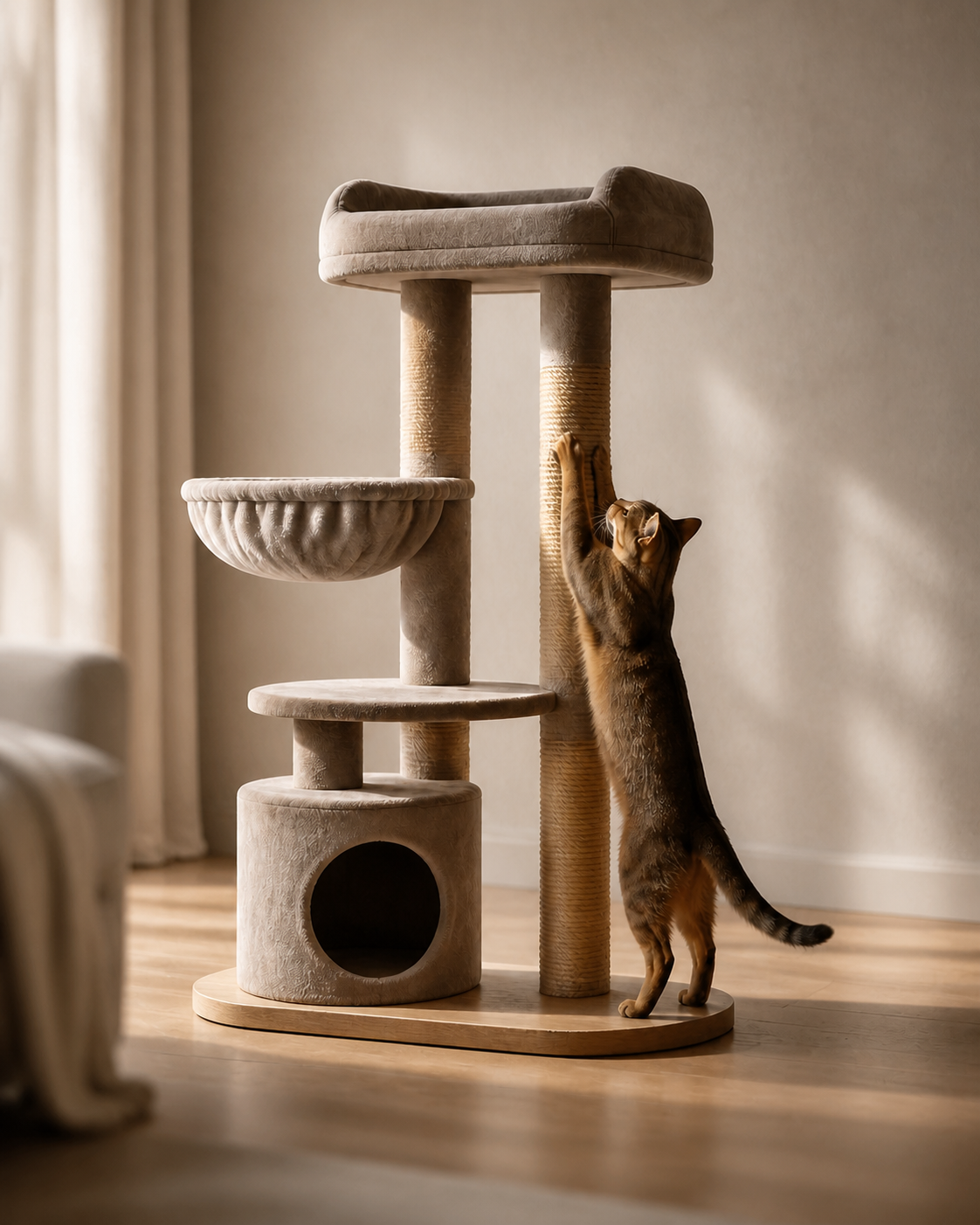 A cat scratching a premium modern cat tree