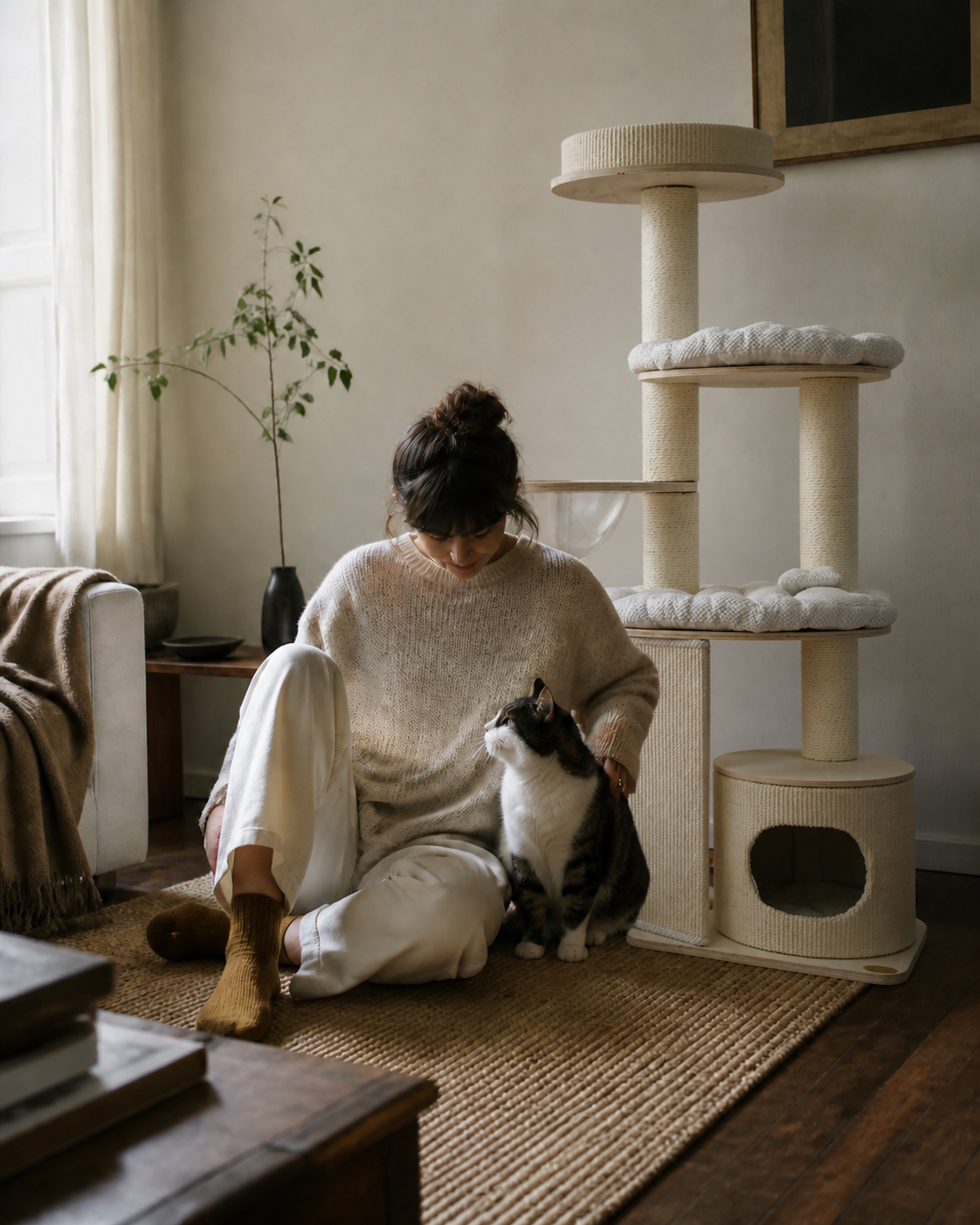 A woman and cat sharing a quiet moment beside the SOPAPETS HWPS4533 cat tree