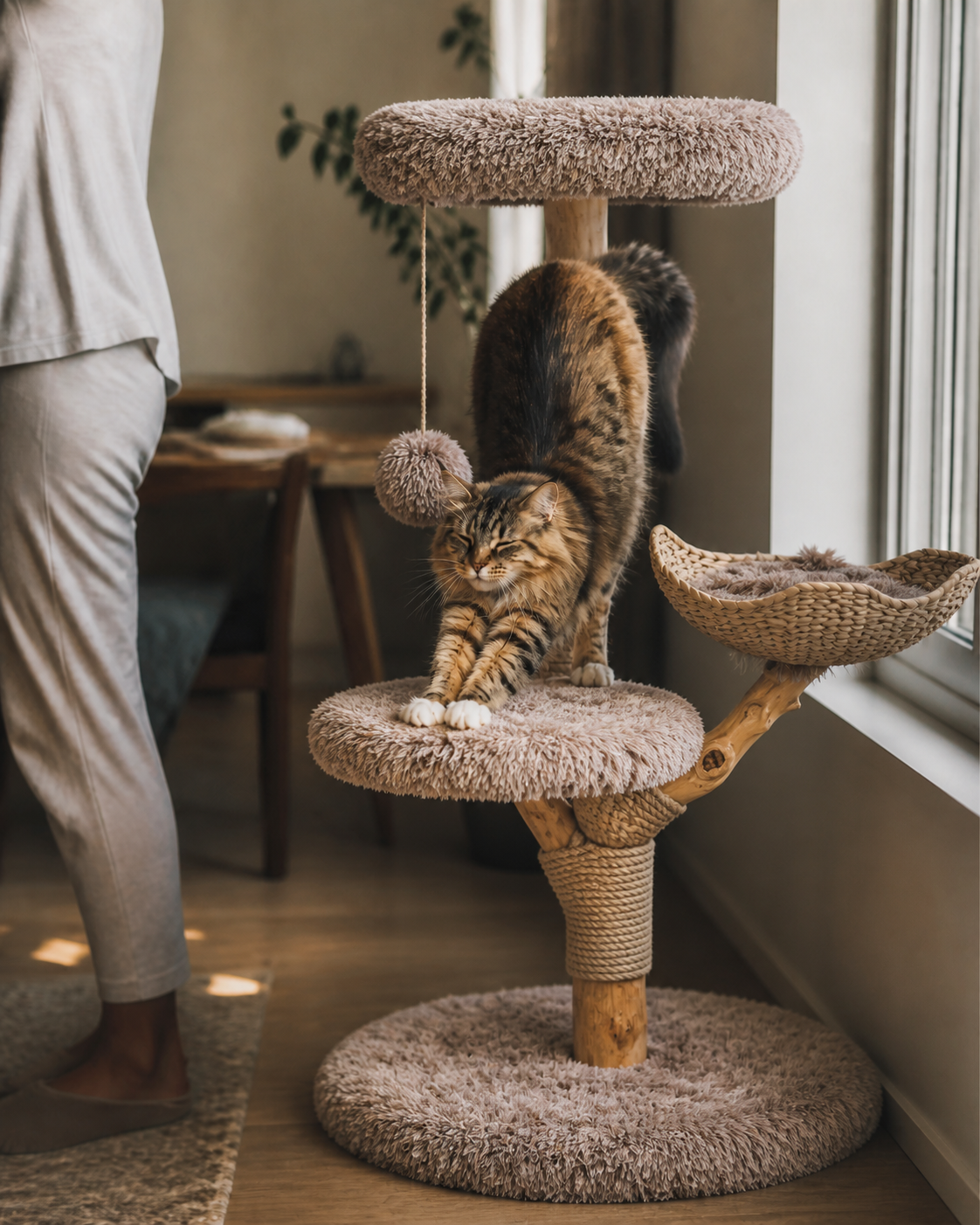 A tabby cat stretching on the SOPAPETS HWPS2367-B cat tree beside a sunlit window