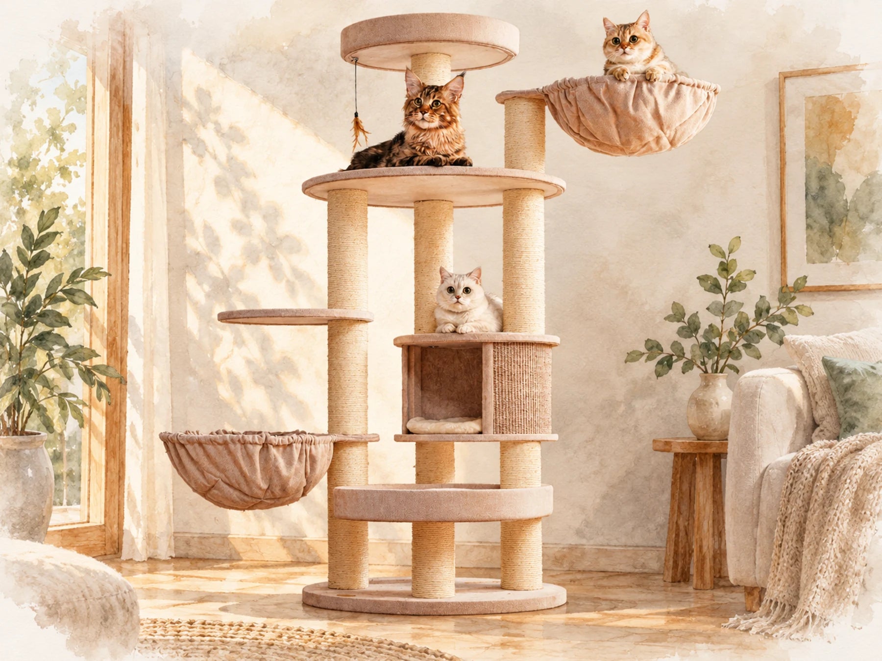 Watercolor cat tree materials and choosing illustration